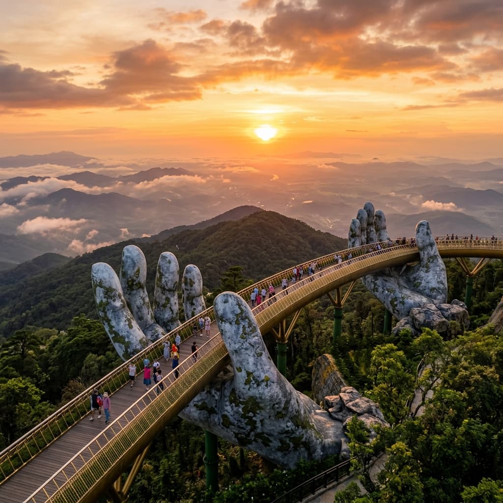 The Golden Bridge at Ba Na Hills Da Nang during warm sunset hour