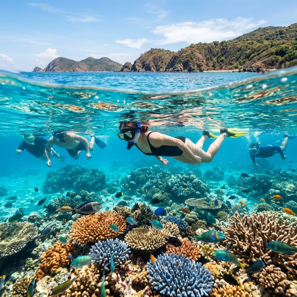 Tourists snorkeling in the crystal clear water of Hon Mun island, Nha Trang