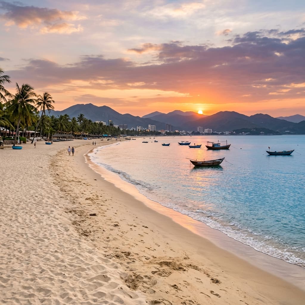 Sunset glow on the peaceful shores of Nha Trang beach