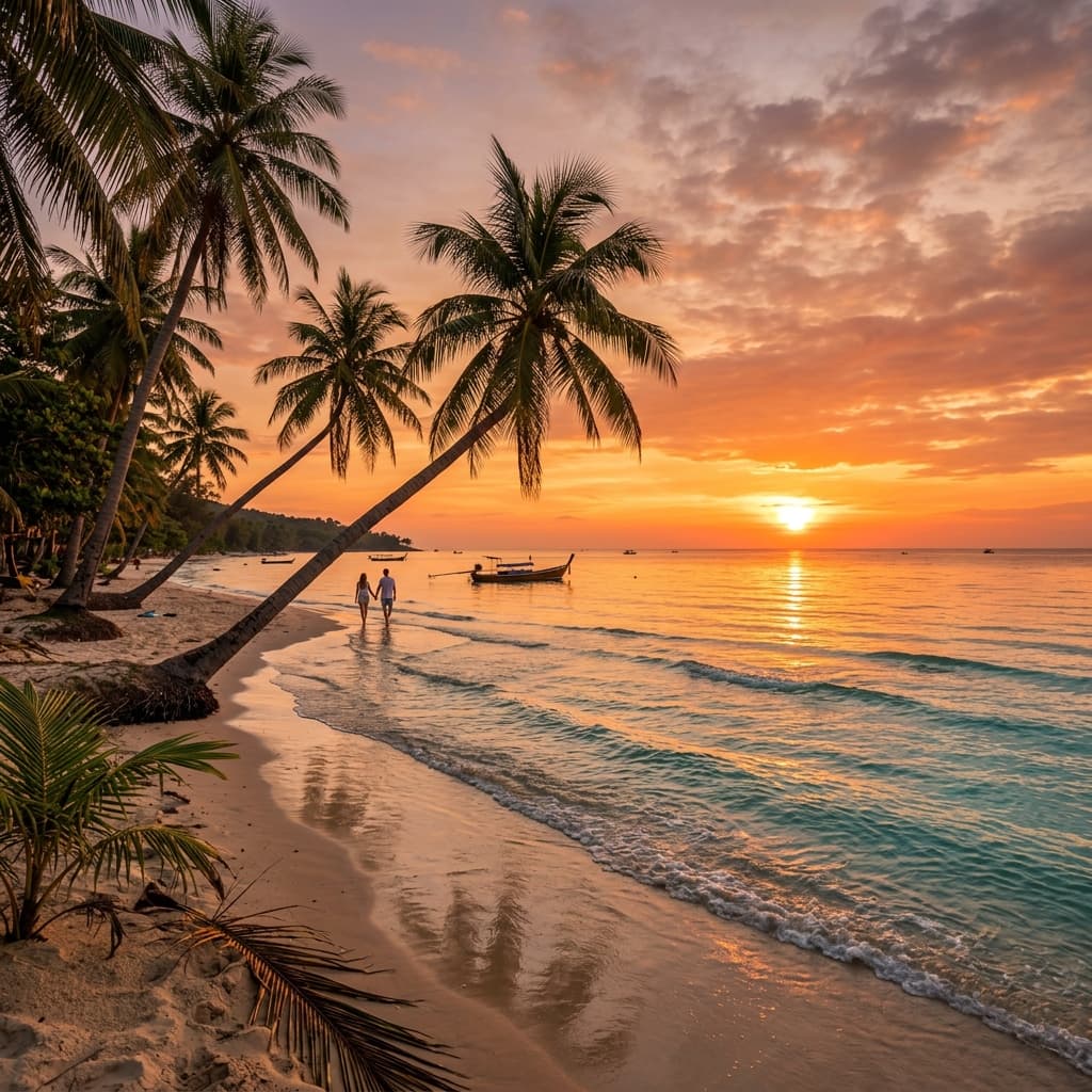 Warm golden sunset sky over Phu Quoc sandy shores